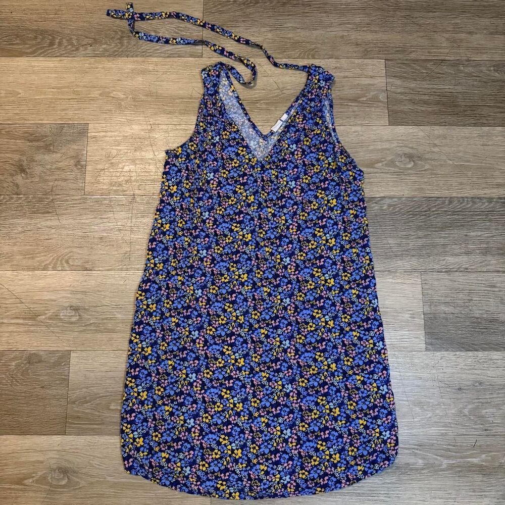 Gap Floral Shift Sundress Women's [S] Blue V-Neck Sleeveless Tie Back Rayon Mini